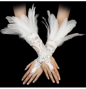 Sexy Gothic style jazz dance lace feather gloves Women masquerade cosplay Long Gloves Mesh Sleeve Halloween Carnival Hook Embroidery White Black Mittins 